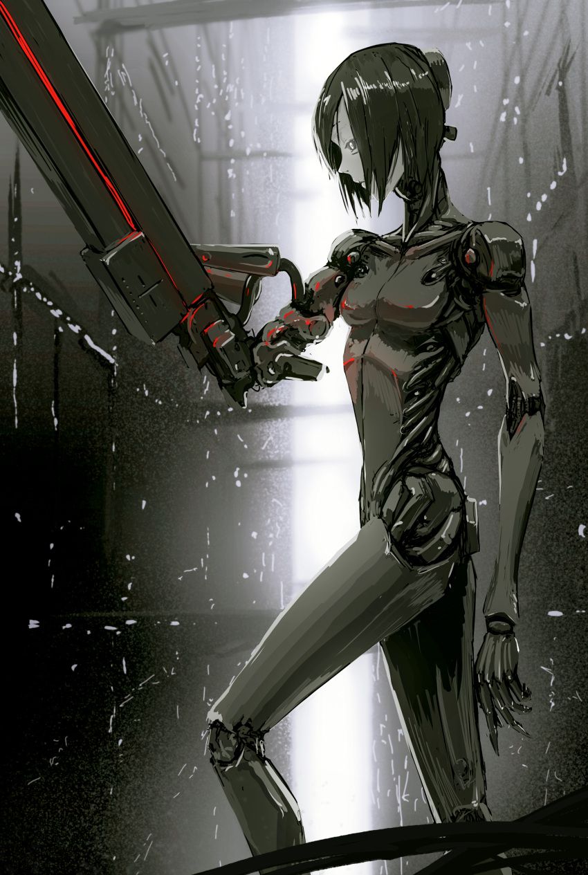 1girl absurdres arm_cannon black_hair blame! cyborg graviton_beam_emitter highres joints looking_to_the_side robot_joints sanakan shenyuan_ren solo standing weapon