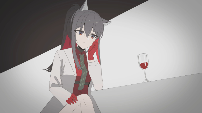 1girl alcohol animal_ear_fluff animal_ears arknights bangs black_background black_hair black_neckwear brown_eyes chihuri closed_mouth collared_shirt crossed_legs cup diagonal-striped_neckwear diagonal_stripes drinking_glass eyebrows_visible_through_hair gloves grey_background hair_between_eyes hand_on_own_knee hand_up high_ponytail highres jacket long_hair long_sleeves looking_away multicolored_hair necktie open_clothes open_jacket ponytail red_gloves red_shirt redhead shirt solo striped striped_neckwear texas_(arknights) two-tone_background two-tone_hair white_jacket wine wine_glass