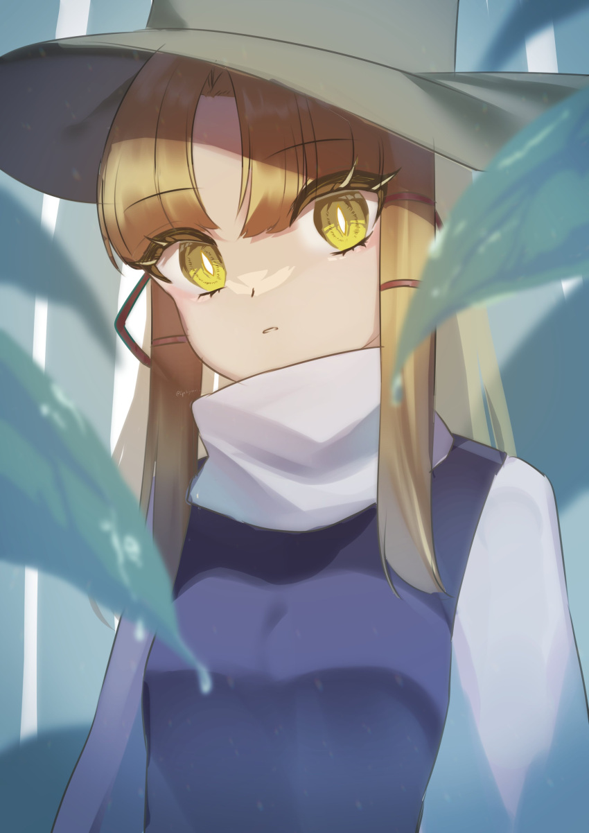 1girl absurdres bangs blonde_hair breasts brown_eyes brown_headwear closed_mouth crystal dress epiki_(nenekoneko0715) eyebrows_visible_through_hair hair_between_eyes hat highres leaf long_hair long_sleeves looking_at_viewer medium_breasts moriya_suwako one-hour_drawing_challenge purple_dress shirt solo symbol-shaped_pupils teeth touhou tree white_background white_shirt yellow_eyes