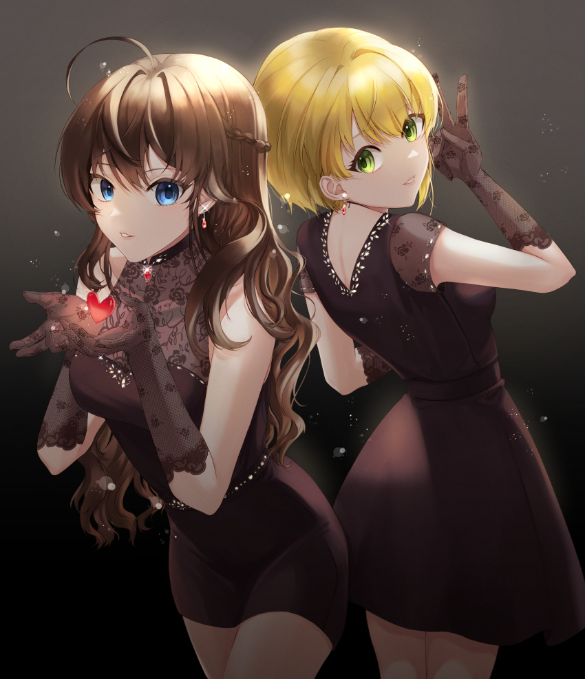 1girl 2girls absurdres ahoge back-to-back bare_shoulders black_dress blonde_hair bloom blue_eyes braid breasts brown_hair covered_collarbone cowboy_shot crazy_crazy_(idolmaster) dress ear_piercing elbow_gloves eyebrows_visible_through_hair fishnet_gloves fishnets floral_print french_braid glint gloves green_eyes hair_between_eyes hair_intakes halter_dress halterneck heart highres holding holding_heart ichinose_shiki idolmaster idolmaster_cinderella_girls jewelry lace lace_gloves lazy_lazy_(idolmaster) leaning_forward long_hair looking_at_viewer looking_back medium_breasts miyamoto_frederica multiple_girls nape pencil_dress piercing pursed_lips rose_print ruby_(gemstone) shiny shiny_hair short_dress short_hair simple_background sleeveless sleeveless_dress smile stenciled_rose taut_clothes taut_dress thighs tight tight_dress tsurime user_kyda3884