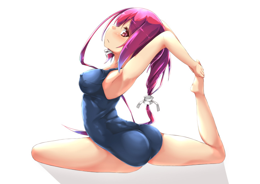 1girl ass blue_swimsuit breasts hair_ribbon highres i-168_(kancolle) kantai_collection long_hair medium_breasts one-piece_swimsuit ponytail red_eyes redhead ribbon school_swimsuit solo stretch swimsuit unomi yoga