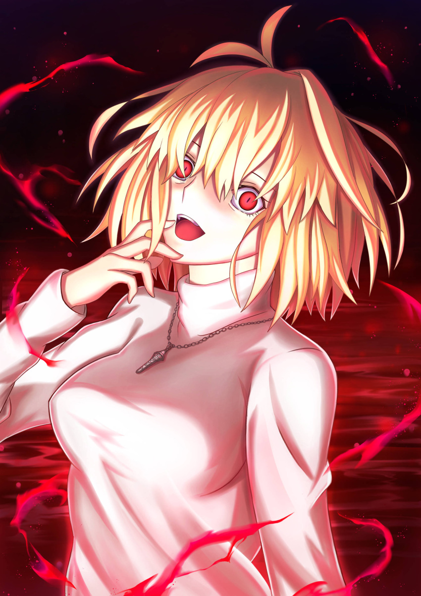 1girl absurdres antenna_hair arcueid_brunestud aura bangs blonde_hair blood breasts commentary_request dark_aura dark_persona eyebrows_visible_through_hair hair_between_eyes hair_intakes hand_on_own_face harukey highres jewelry long_sleeves looking_at_viewer medium_breasts necktie open_mouth pool_of_blood red_arcueid red_eyes short_hair slit_pupils solo sweater teeth tongue tsukihime tsukihime_(remake) turtleneck turtleneck_sweater upper_body upper_teeth white_sweater