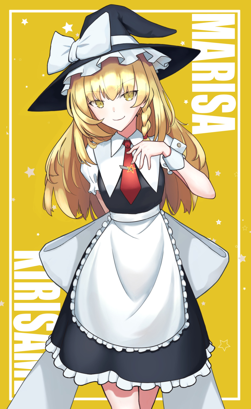 1girl apron arm_behind_back back_bow bangs black_skirt black_vest blonde_hair blush bow braid breasts character_name collared_shirt english_text eyebrows_visible_through_hair frilled_apron frilled_skirt frills hand_on_own_chest hat hat_ribbon highres kirisame_marisa long_hair long_sleeves looking_at_viewer medium_breasts necktie puffy_short_sleeves puffy_sleeves red_neckwear ribbon shirt shiu_29 short_sleeves single_braid skirt smile solo standing touhou vest waist_apron white_apron white_bow white_ribbon white_shirt wing_collar witch_hat wrist_cuffs yellow_background yellow_eyes
