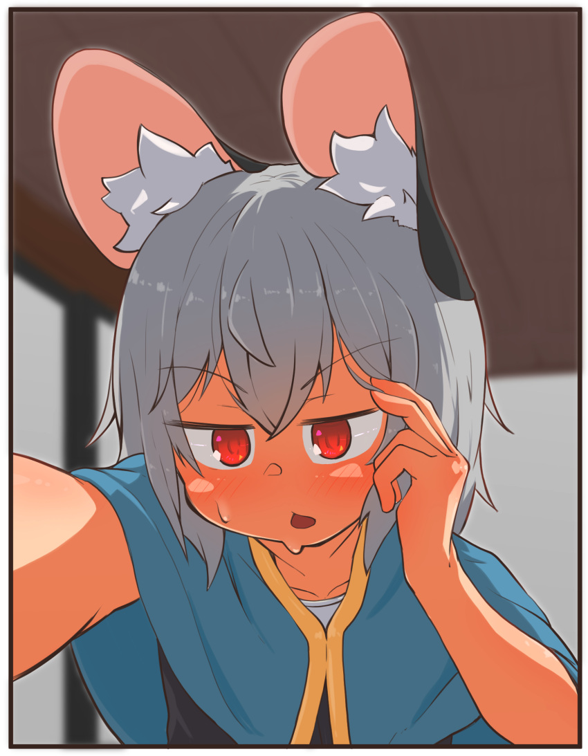 1girl animal_ear_fluff animal_ears bangs blue_capelet blurry blurry_background blush border capelet commentary_request eyebrows_visible_through_hair greenpiecerice grey_hair grey_vest highres indoors kabedon looking_at_viewer mouse_ears mouse_girl nazrin open_mouth pov red_eyes shirt short_hair solo sweat touhou upper_body vest white_border white_shirt
