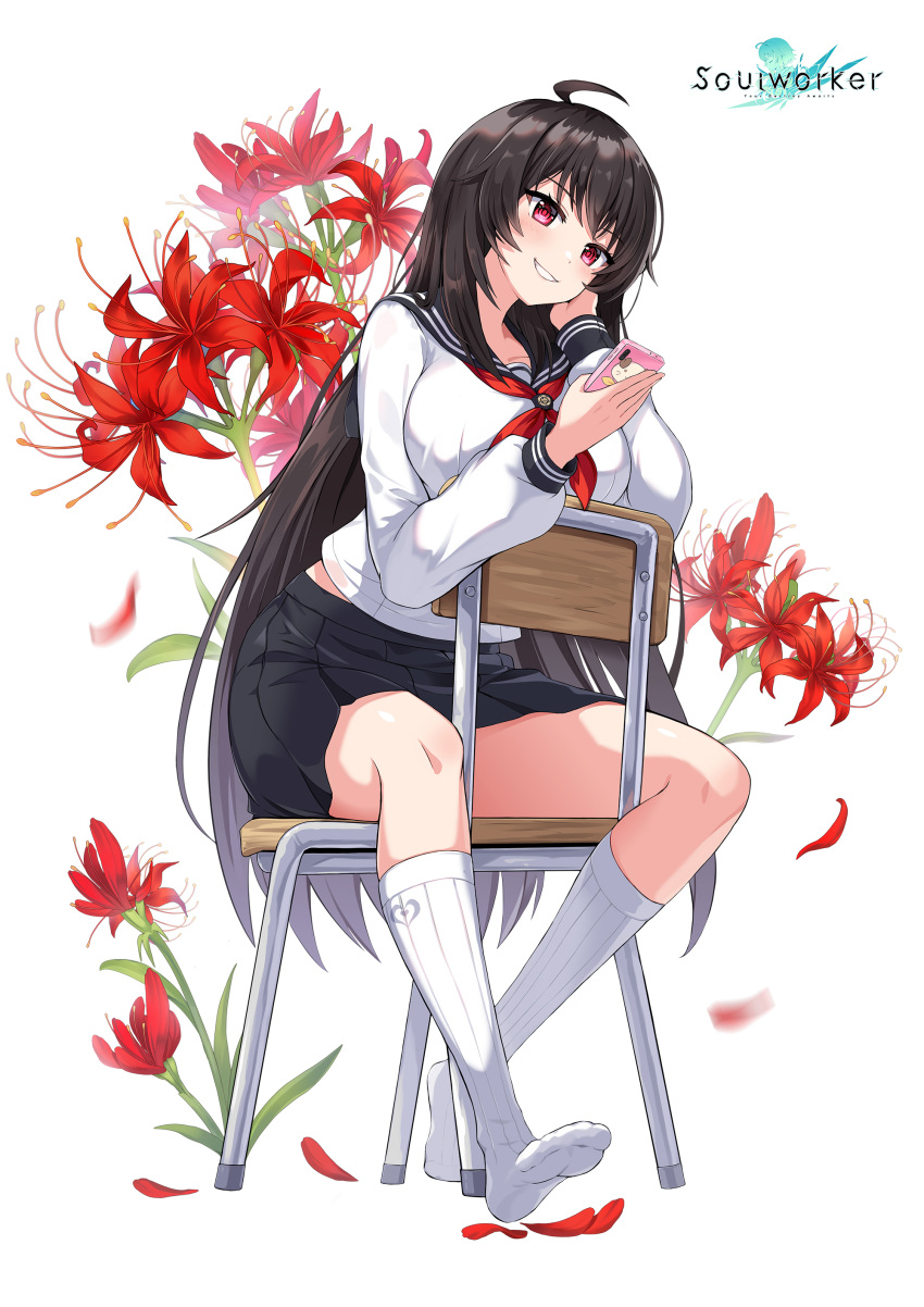 1girl absurdres ahoge black_hair black_skirt breasts chair flower grin hand_up highres holding iris_yuma kneehighs large_breasts long_hair long_sleeves looking_at_viewer maett midriff_peek miniskirt neckerchief no_shoes official_art phone pleated_skirt red_eyes sailor_collar school_chair school_uniform serafuku shirt sitting sitting_backwards skirt smile solo soul_worker spider_lily thighs very_long_hair white_legwear white_shirt