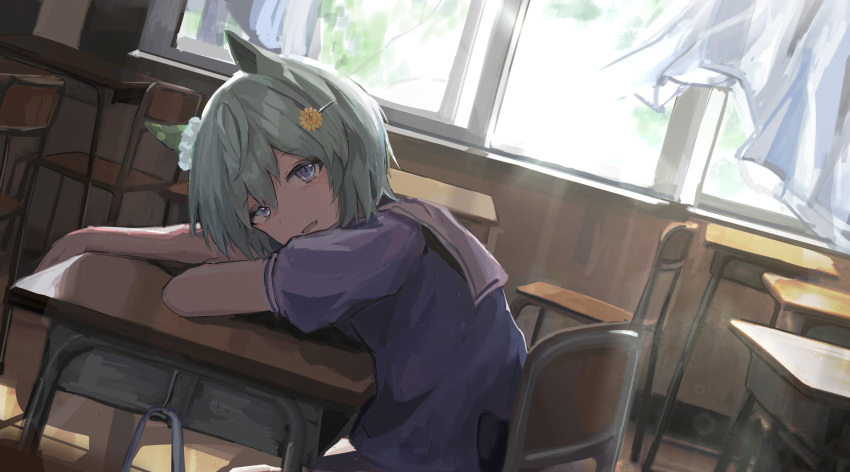 1girl blue_eyes character_request classroom dutch_angle ear_ornament from_side grey_hair hair_between_eyes hair_ornament hairclip highres indoors leaning_forward light_rays looking_at_viewer open_mouth purple_shirt school_uniform seikatsu shirt short_hair solo umamusume upper_body
