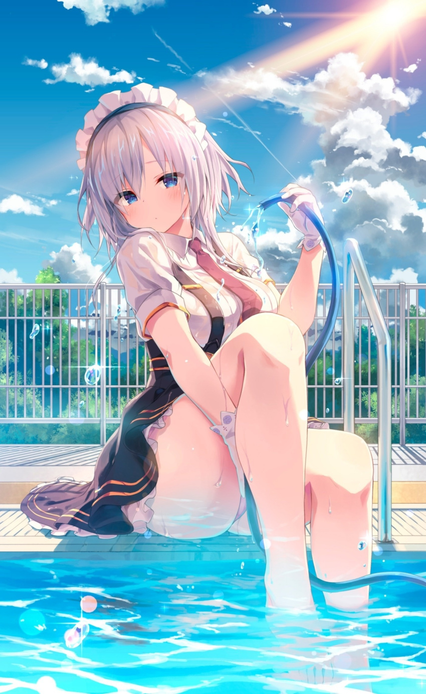 1girl banned_artist barefoot blue_dress blue_eyes blue_sky blush breasts clouds cloudy_sky commentary_request day dress eyebrows_visible_through_hair eyes_visible_through_hair feet fence glint gloves highres himeji_shirayuki holding holding_hose hose knees konomi_(kino_konomi) large_breasts lens_flare liar_liar long_hair looking_at_viewer maid_headdress necktie outdoors panties pantyshot pink_panties pool pool_ladder poolside railing red_neckwear second-party_source silver_hair sky solo thighs toes tree underwear upper_body water water_drop wet white_gloves