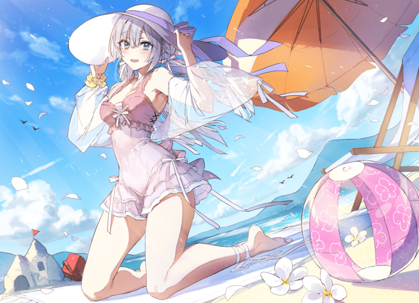 1girl :d amamiya_chitose ball bangs bare_shoulders barefoot beach beach_chair beach_umbrella beachball bird blue_eyes blue_sky blush bow breasts bucket bullet_code:_firewall clouds covered_navel day dutch_angle eyebrows_visible_through_hair flower frilled_swimsuit frills full_body hair_bow hat hat_ribbon holding holding_clothes holding_hat kneeling leg_ribbon light_purple_hair long_hair looking_at_viewer low_twintails medium_breasts mountainous_horizon official_art one-piece_swimsuit open_mouth outdoors petals purple_ribbon ribbon sand_castle sand_sculpture scrunchie sky smile solo sun_hat swimsuit thighs twintails umbrella wattaro white_bow white_flower white_headwear white_ribbon wrist_scrunchie yellow_scrunchie