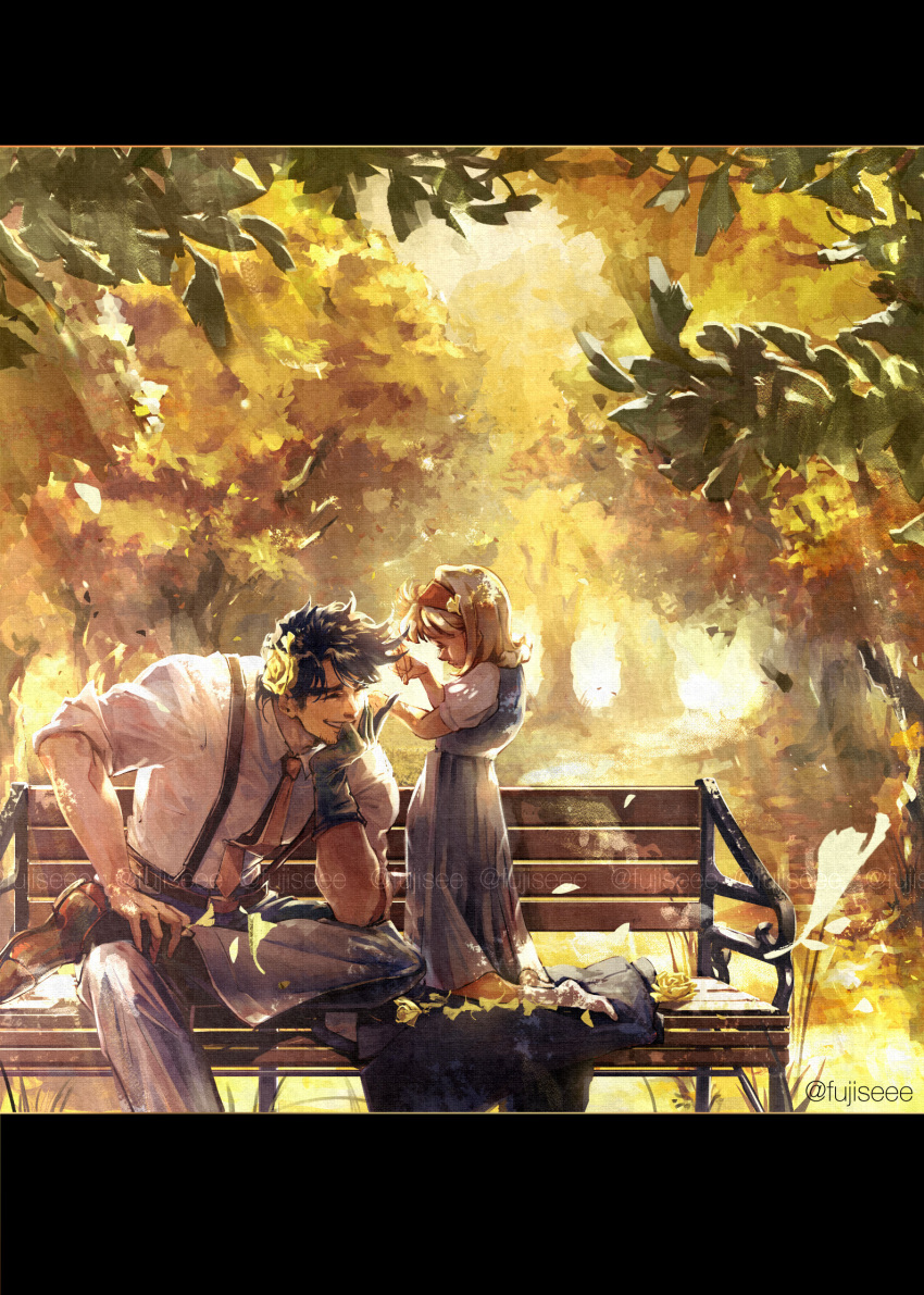 1boy 1girl arm_support artist_name autumn bench blonde_hair brown_hair child closed_eyes collared_shirt commentary_request crossed_legs dappled_sunlight facial_hair father_and_daughter flower fujisee ginkgo_leaf gloves grin hair_flower hair_ornament hairband head_rest highres jojo_no_kimyou_na_bouken joseph_joestar joseph_joestar_(young) kneeling kujo_holy letterboxed medium_hair necktie outdoors shirt short_hair single_glove sitting smile stubble sunlight suspenders tree watermark white_shirt yellow_neckwear