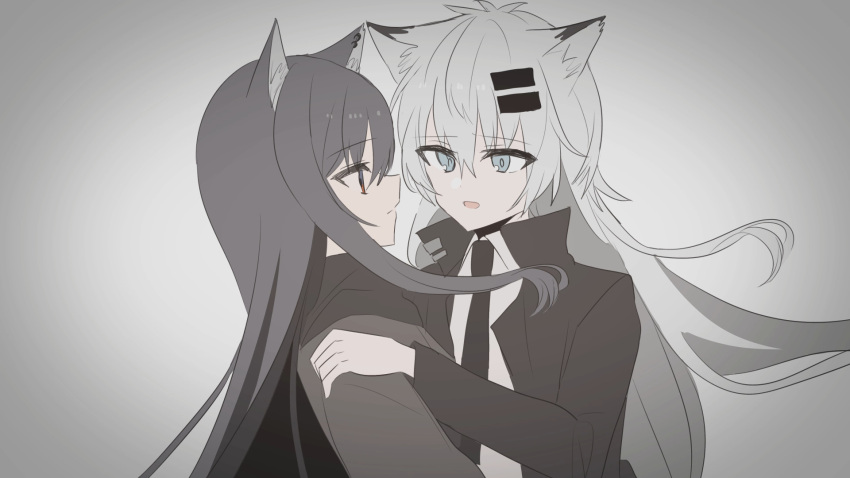 2girls animal_ear_fluff animal_ears arknights bangs black_hair black_jacket black_neckwear blue_eyes chihuri closed_mouth collared_shirt eye_contact eyebrows_visible_through_hair gradient gradient_background grey_background grey_hair hair_between_eyes hair_ornament hairclip hand_on_another's_shoulder highres jacket lappland_(arknights) long_hair looking_at_another multiple_girls necktie open_clothes open_jacket open_mouth profile red_eyes shirt texas_(arknights) upper_body very_long_hair white_shirt yuri