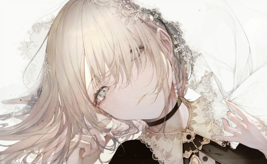 1girl absurdres bangs black_capelet black_choker blonde_hair blush capelet choker collared_shirt commentary english_commentary green_eyes hair_over_one_eye hands_up highres hito_komoru long_hair looking_at_viewer original parted_lips portrait shirt simple_background solo veil white_background white_shirt