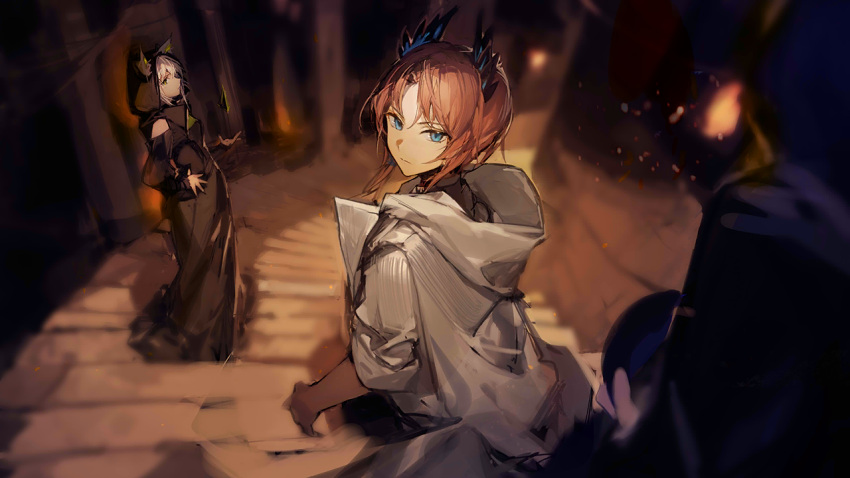 1boy 1girl 1other animal_ears arknights artist_request bare_shoulders cat_ears dress floating from_behind full_body game_cg hand_on_hip head_wings hood hood_down hood_up isin_(arknights) kal'tsit_(arknights) levitation light_brown_hair long_dress looking_at_another looking_back official_alternate_costume official_art passenger_(arknights) serious standing white_hair