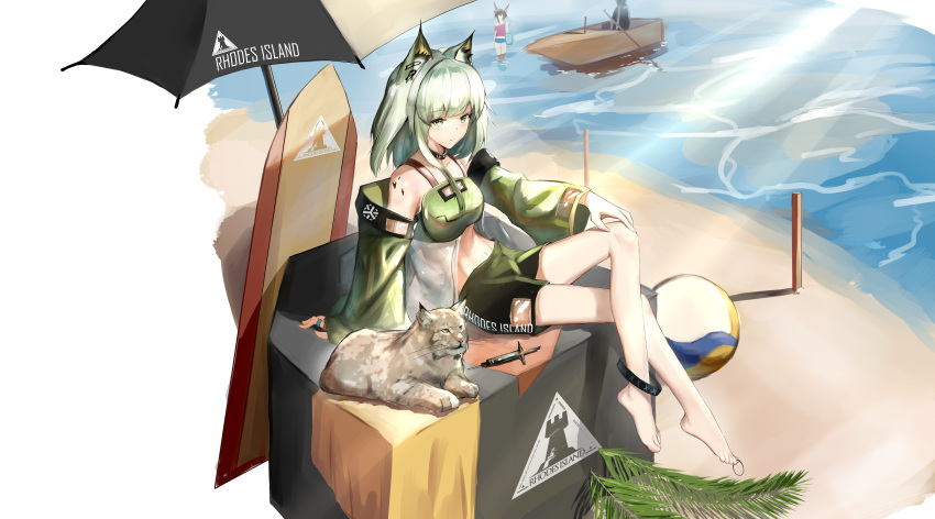 1other 2girls absurdres amiya_(arknights) animal animal_ear_fluff animal_ears arknights ball bangs bare_legs bare_shoulders barefoot beach beach_umbrella beachball bikini black_choker black_shorts boat cat_ears character_name chinese_commentary choker clothes_writing commentary_request doctor_(arknights) dress full_body green_bikini green_jacket grey_eyes hair_intakes hand_on_own_knee highres holding holding_animal infection_monitor_(arknights) jacket kal'tsit_(arknights) looking_at_viewer lynx_(animal) multiple_girls off-shoulder_dress off_shoulder oripathy_lesion_(arknights) outdoors rhodes_island_logo shangguan_le_hei short_hair shorts silver_hair sitting surfboard swimsuit syringe umbrella watercraft white_background