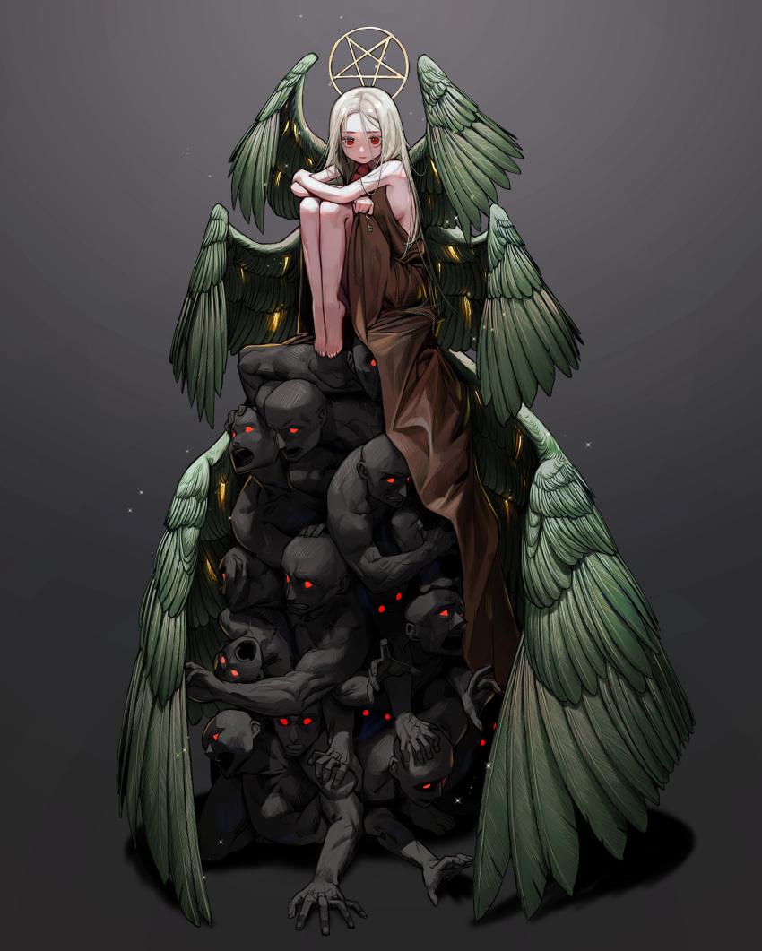 1girl 6+boys absurdres bare_legs barefoot brown_dress closed_mouth dress feathered_wings feathers green_feathers green_wings grey_background grey_hair highres key knees_up long_hair looking_at_viewer multiple_boys multiple_wings open_mouth original pentagram red_eyes rinotuna sitting sleeveless sleeveless_dress sparkle wide_shot wings