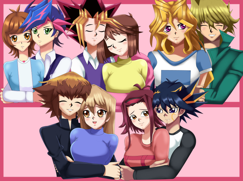 5boys 5girls blonde_hair blush brown_eyes brown_hair closed_eyes couple fudou_yuusei fujiki_yuusaku green_eyes happy hug hug_from_behind izayoi_aki jounouchi_katsuya kujaku_mai long_hair mazaki_anzu multicolored_hair mutou_yuugi orange_eyes redhead smile spikey_hair surprised tenjouin_asuka yellow_eyes yu-gi-oh! yuu-gi-ou yuu-gi-ou_5d's yuu-gi-ou_duel_monsters yuu-gi-ou_gx yuu-gi-ou_the_dark_side_of_dimensions yuu-gi-ou_vrains yuuki_juudai zaizen_aoi