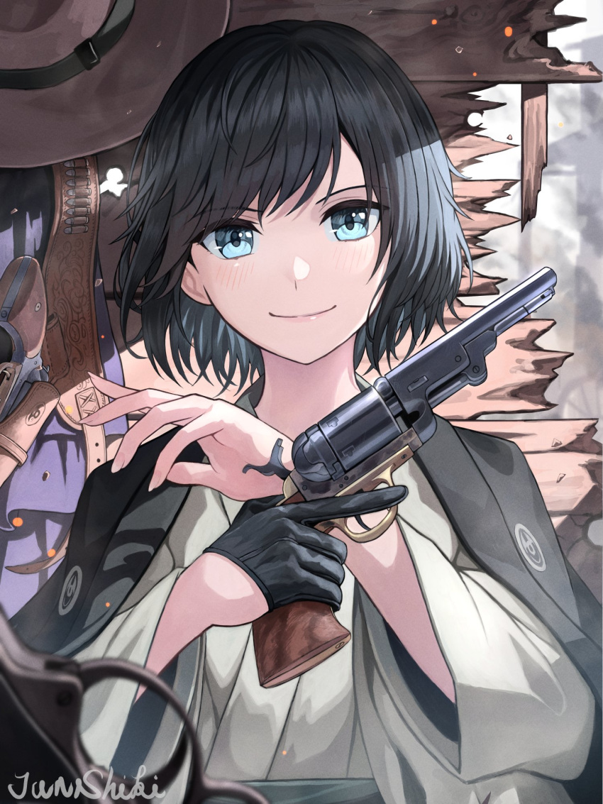 1girl antique_firearm bandolier black_gloves black_hair blue_eyes caplock character_request check_character closed_mouth firelock gloves gun handgun hat headwear_removed highres holding holding_weapon japanese_clothes junshiki looking_at_viewer original pistol short_hair signature single_glove smile solo upper_body weapon wood