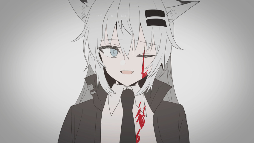 1girl ;d animal_ear_fluff animal_ears arknights bangs black_jacket black_neckwear blood blood_on_clothes blood_on_face blue_eyes chihuri collared_shirt eyebrows_visible_through_hair fang gradient gradient_background grey_background grey_hair hair_between_eyes hair_ornament hairclip highres jacket lappland_(arknights) long_hair looking_at_viewer one_eye_closed open_clothes open_jacket open_mouth shirt smile solo upper_body white_shirt