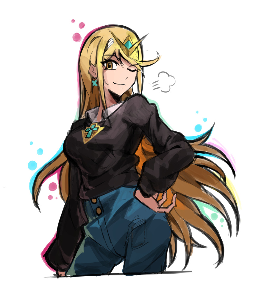 1girl absurdres bangs black_sweater blonde_hair blue_pants casual closed_mouth earrings hand_on_hip highres jewelry long_hair long_sleeves looking_at_viewer mythra_(xenoblade) one_eye_closed pants polo_shirt saiykik shirt simple_background smile solo sweater tiara white_background white_shirt xenoblade_chronicles_(series) xenoblade_chronicles_2 yellow_eyes