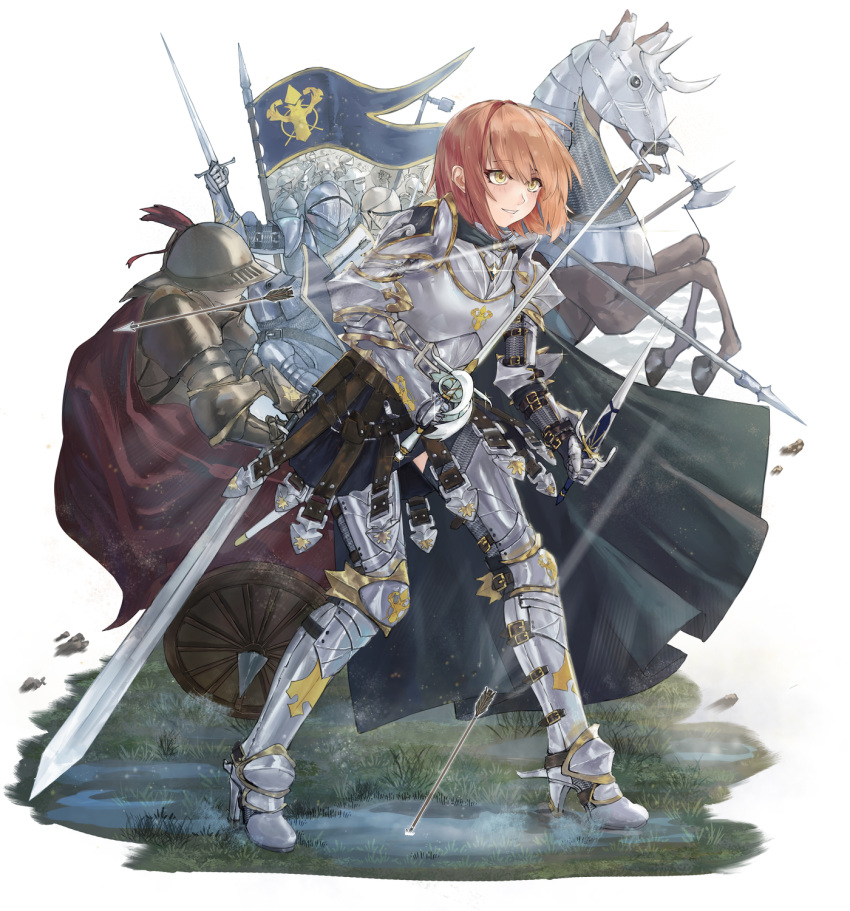 1girl 3others ambiguous_gender armor armored_boots arrow_(projectile) axe boots cape denpajin-ryuushi fighting_stance gauntlets helmet highres holding holding_sword holding_weapon horse knight multiple_others orange_hair original sword weapon yellow_eyes