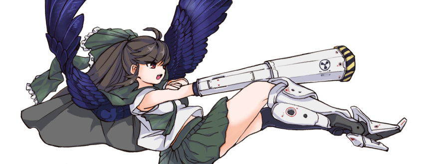 1girl arm_cannon asymmetrical_footwear bangs bird_wings black_legwear bow brown_hair cape commentary_request control_rod eyebrows_visible_through_hair full_body green_bow green_cape green_skirt hair_bow highres kneehighs long_hair looking_afar mechanical_boots mismatched_footwear open_mouth ponytail purple_wings radiation_symbol raphael_ax red_eyes reiuji_utsuho shirt shoes short_sleeves simple_background single_shoe skirt solo touhou weapon white_background white_shirt wings