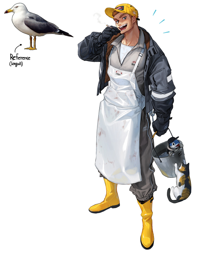 1boy :d absurdres apron baseball_cap bird black_jacket boots bucket cat cigarette fish grey_pants hat highres holding holding_bucket holding_cigarette jacket long_sideburns long_sleeves male_focus open_mouth original pants pectorals personification rinotuna seagull sideburns simple_background smile solo white_apron white_background yellow_footwear yellow_headwear