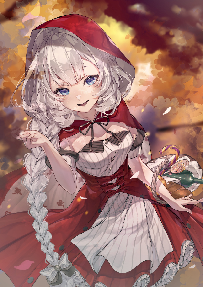 1girl absurdres basket blue_eyes bottle braid breasts candy candy_cane cape cuso4_suiwabutu dress fate/grand_order fate_(series) food from_above heroic_spirit_festival_outfit highres holding holding_basket hood hooded_cape lollipop long_braid long_hair marie_antoinette_(fate) red_cape red_dress silver_hair single_braid small_breasts solo very_long_hair