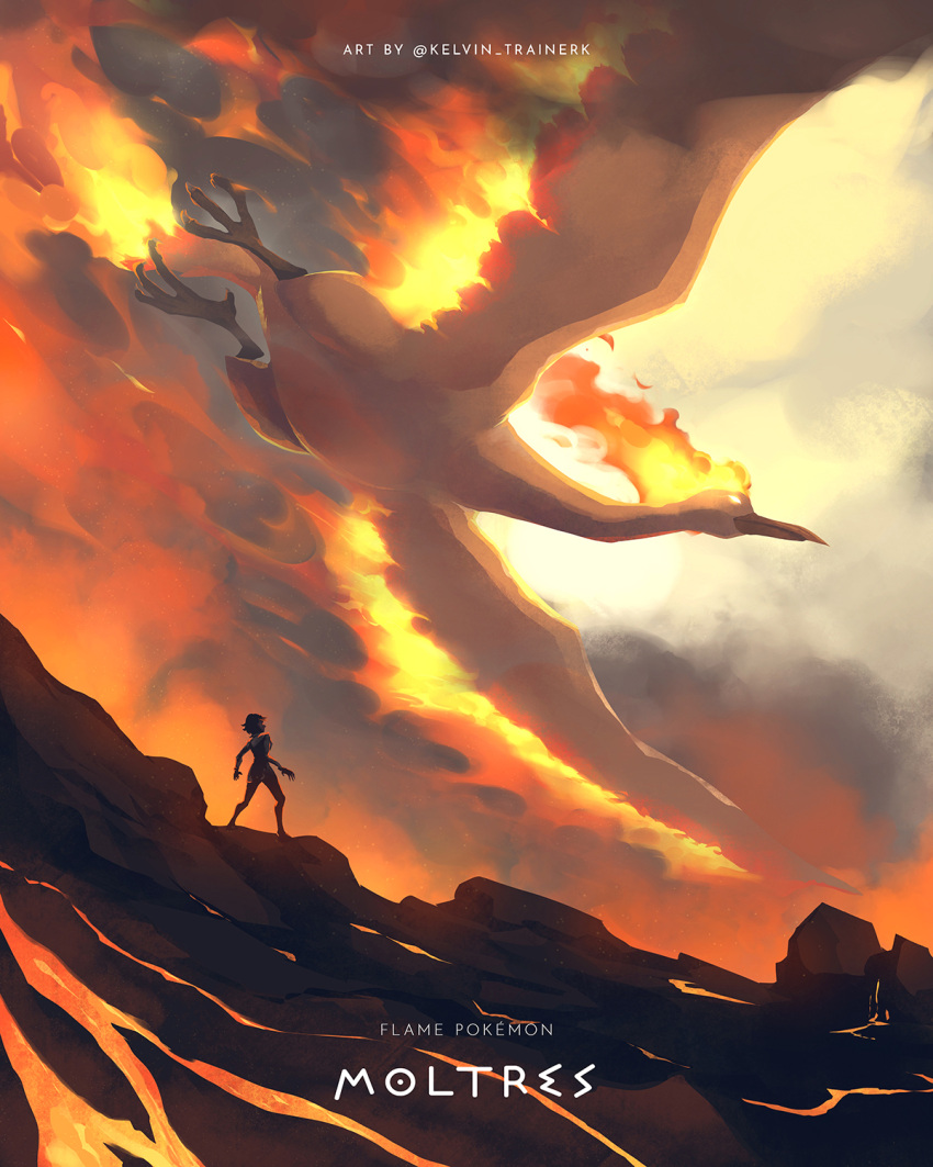 1girl beak bird character_name closed_mouth commentary copyright_name english_commentary fire highres kelvin-trainerk legs_apart looking_up molten_rock moltres outdoors pokemon pokemon_(creature) short_hair standing talons twitter_username