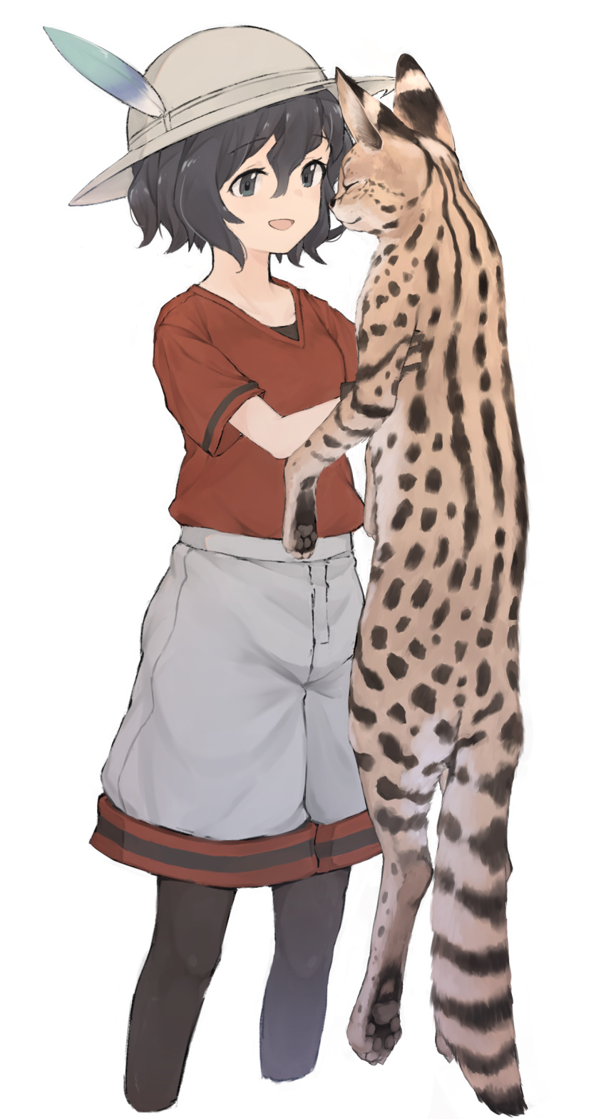 1girl :d absurdres alenka animal black_hair black_legwear blue_eyes cat cowboy_shot cropped_legs eyebrows_visible_through_hair grey_shorts hat_feather helmet highres holding holding_animal holding_cat kaban_(kemono_friends) kemono_friends open_mouth pantyhose pith_helmet red_shirt serval shirt short_hair short_sleeves shorts smile solo t-shirt