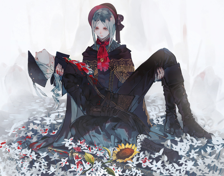 2girls black_headwear blood blood_on_clothes bloodborne bonnet carrying closed_eyes death doll dying flower lady_maria_of_the_astral_clocktower multiple_girls plain_doll red_headwear silver_hair sunflower syokuuuuuuuuumura the_old_hunters
