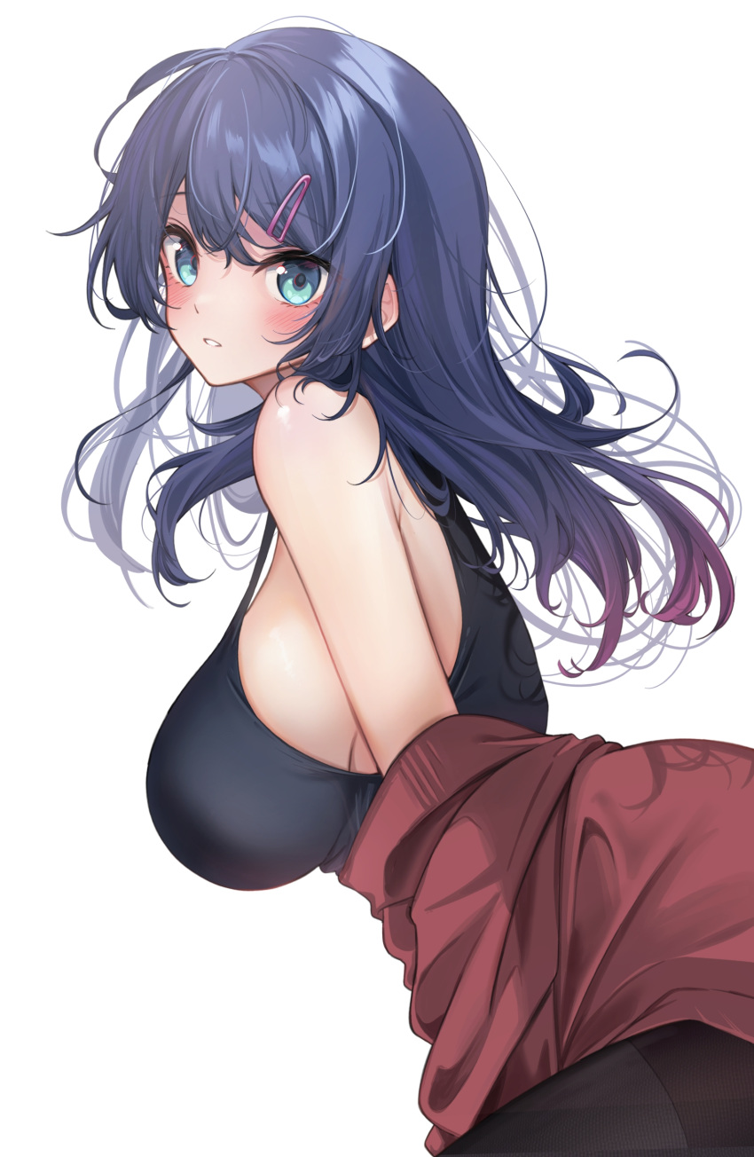 1girl absurdres aqua_eyes black_tank_top blue_hair blush breasts commentary_request hair_ornament hairclip highres komupi large_breasts looking_at_viewer original parted_lips red_sweater simple_background solo sweater tank_top white_background