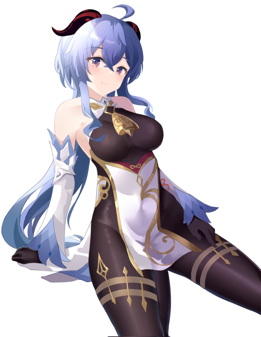 ahoge arm_support bangs bare_shoulders beijiushui bell black_gloves black_legwear blue_hair blush bodystocking breasts chinese_knot curled_horns detached_sleeves eyebrows_visible_through_hair flower_knot ganyu_(genshin_impact) genshin_impact gloves gold_trim hand_on_own_thigh highres horns long_hair looking_at_viewer low_ponytail medium_breasts neck_bell sidelocks sitting smile thighlet violet_eyes white_background white_sleeves