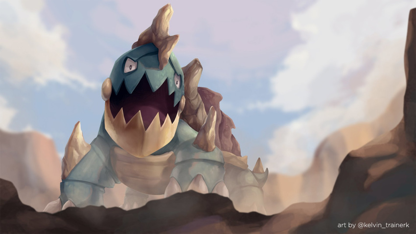 black_eyes claws clouds commentary day drednaw english_commentary from_below highres kelvin-trainerk looking_down no_humans open_mouth outdoors pokemon pokemon_(creature) sky solo tongue twitter_username