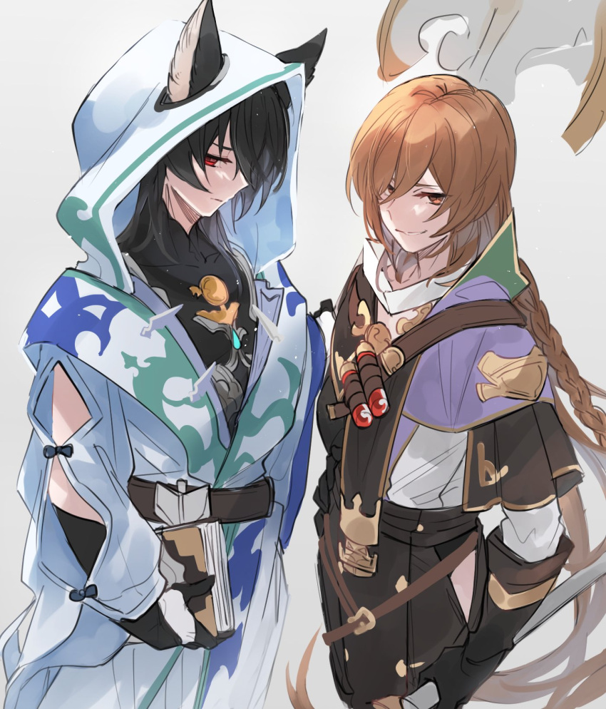 2boys animal_ears bangs belt black_hair book brown_eyes brown_hair cloak erune gloves granblue_fantasy grey_background highres holding holding_book holding_weapon hood hood_up hooded_cloak jewelry lamorak_(granblue_fantasy) long_bangs long_hair looking_at_viewer male_focus medium_hair merlin_(granblue_fantasy) multiple_boys ornament red_eyes shirt smirk vial weapon white_shirt yakota_(usuk-yako)