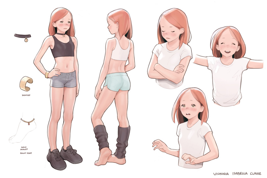 1girl absurdres anklet bangs blush bracelet brown_hair character_sheet choker closed_eyes commission cropped_torso crossed_arms green_eyes hand_on_hip highres jewelry leg_warmers long_hair luimiart midriff multiple_views navel open_mouth original parted_bangs shirt shorts t-shirt tank_top white_background