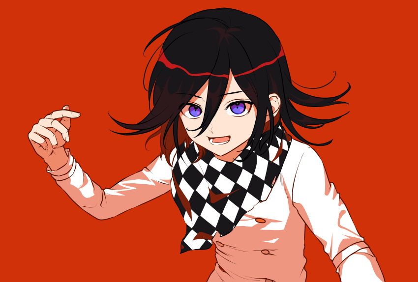 1boy absurdres alternate_hair_color bangs buttons checkered checkered_neckwear checkered_scarf danganronpa_(series) danganronpa_v3:_killing_harmony double-breasted hair_between_eyes hand_up highres jacket long_sleeves lower_teeth male_focus medium_hair multicolored_hair open_mouth ouma_kokichi red_background redhead sanmian_(chidarakeno) scarf simple_background solo teeth two-tone_hair upper_body violet_eyes white_jacket