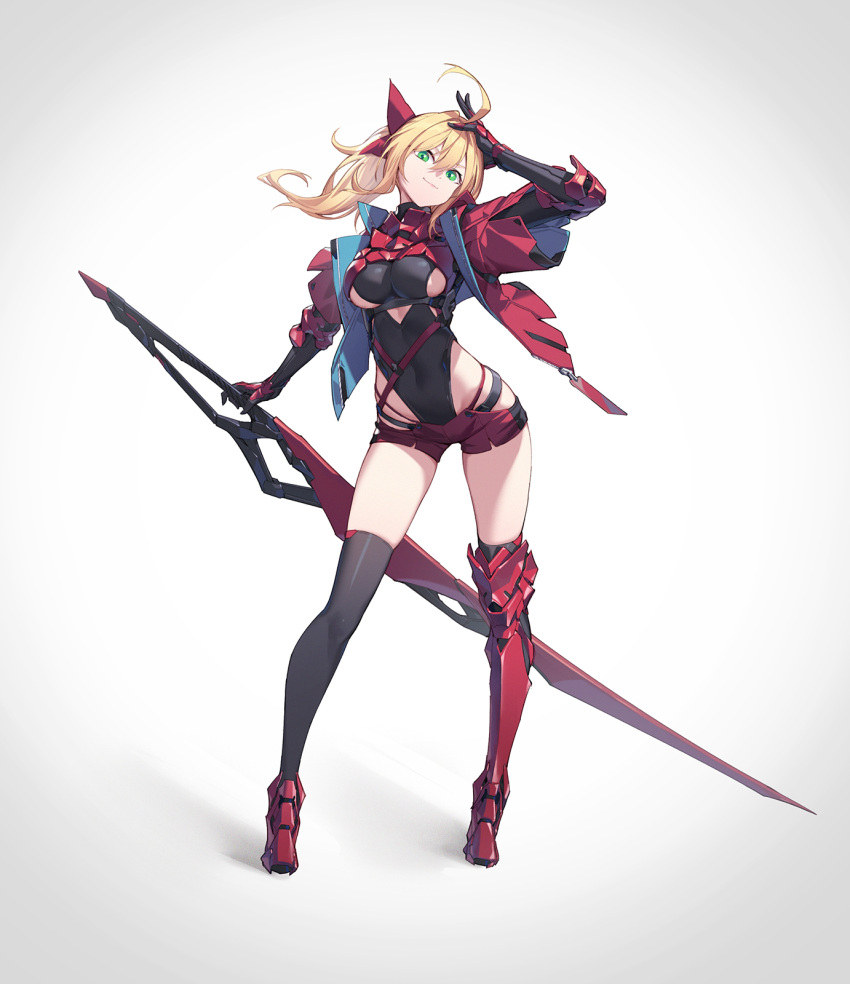 1girl ahoge arm_up armored_boots bangs black_legwear blonde_hair boots bow breasts closed_mouth clothing_cutout commentary covered_navel fate/grand_order fate_(series) full_body gauntlets green_eyes hair_between_eyes hair_bow head_tilt highleg highleg_leotard highres holding holding_sword holding_weapon jacket leotard leotard_under_clothes long_hair looking_at_viewer medium_breasts nero_claudius_(fate) nian open_clothes open_jacket ponytail red_bow red_footwear red_jacket red_shorts short_shorts shorts single_thigh_boot smile solo standing sword thigh-highs thigh_boots under_boob underboob_cutout v-shaped_eyebrows weapon