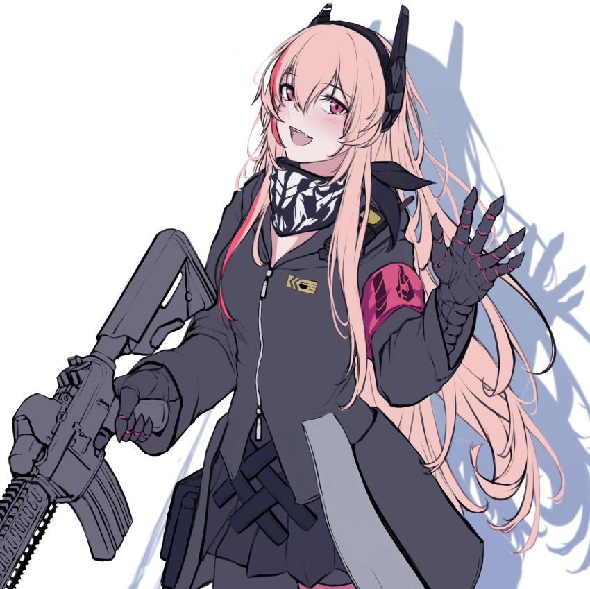 1girl 3_small_spiders black_gloves black_jacket black_scarf black_skirt blush eyebrows_visible_through_hair feet_out_of_frame girls_frontline gloves gun hand_up headphones highres holding holding_gun holding_weapon jacket long_hair looking_at_viewer m4_sopmod_ii m4_sopmod_ii_(girls'_frontline) multicolored_hair open_mouth pink_eyes pink_hair scarf shadow skirt smile solo standing walkie-talkie weapon white_background