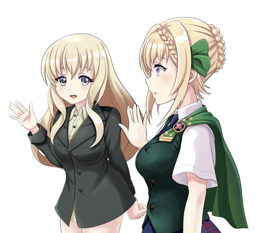 2girls absurdres blue_neckwear braid braided_bangs braided_bun brave_witches breasts cape crossover dress_shirt green_cape green_vest grey_eyes highres kantai_collection long_hair long_sleeves medium_breasts multiple_girls necktie nora_taylor perth_(kancolle) school_uniform shirt short_sleeves sidelocks tk8d32 vest violet_eyes white_shirt world_witches_series