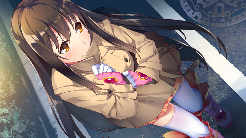 1girl bangs boots brown_coat brown_eyes brown_hair closed_mouth coat eyebrows_visible_through_hair floating_hair from_above game_cg gloves hair_between_eyes heart ino_(magloid) kagamihara_alice knee_boots long_hair long_sleeves looking_away miniskirt momoiro_closet night official_art outdoors pink_footwear pink_gloves pleated_skirt shiny shiny_hair skirt solo standing straight_hair sweatdrop thigh-highs two-tone_gloves very_long_hair white_gloves white_legwear yellow_skirt zettai_ryouiki