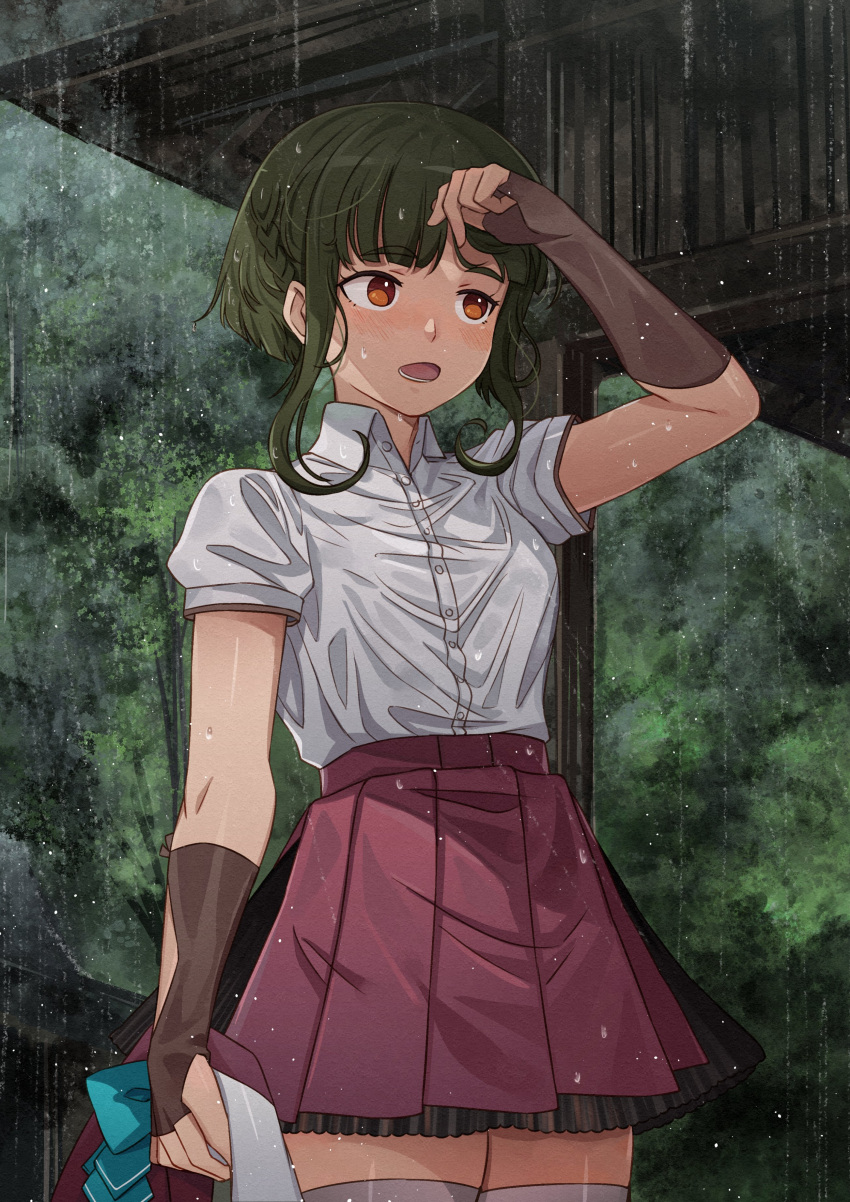 1girl absurdres blazer blouse bob_cut bow bowtie braid breasts brown_eyes building collared_shirt dress eyebrows_visible_through_hair fingerless_gloves forest gloves green_hair grey_legwear highres jacket kanmiya_shinobu kantai_collection long_sleeves nature one_eye_closed outdoors pleated_skirt purple_skirt rain shirt short_hair short_sleeves skirt sleeveless sleeveless_dress small_breasts solo takanami_(kancolle) thigh-highs tree vest vest_removed water wet wet_clothes wet_shirt white_blouse white_shirt