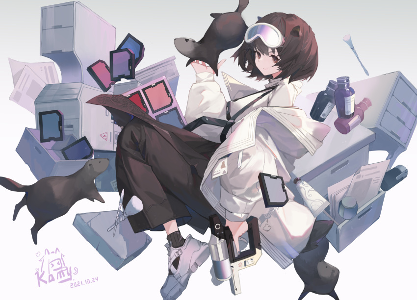 1girl absurdres animal animal_ears arknights artist_logo black_legwear bottle brown_hair brown_pants dated from_side goggles goggles_on_head gun hand_up highres holding holding_gun holding_weapon id_card jacket kami_otona long_sleeves looking_at_viewer makeup_brush nail_gun open_clothes open_jacket otter otter_ears palette_(object) pants rhodes_island_logo roberta_(arknights) shirt short_hair simple_background smile socks solo weapon white_background white_footwear white_jacket white_shirt