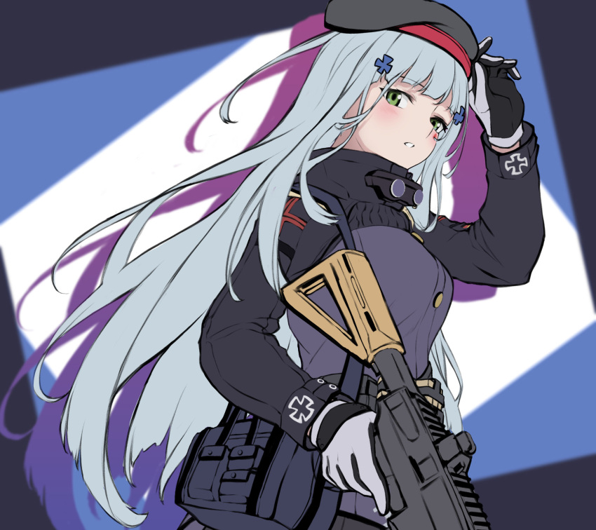 1girl 3_small_spiders :o assault_rifle bangs beret black_headwear blue_hair blush breasts crossed_bangs eyebrows_visible_through_hair from_above girls_frontline gloves green_eyes gun h&amp;k_hk416 hand_on_headwear hat highres hk416_(girls'_frontline) holding holding_gun holding_weapon long_hair looking_at_viewer medium_breasts open_mouth rifle simple_background solo tactical_clothes teardrop_facial_mark teardrop_tattoo uniform upper_body weapon white_gloves