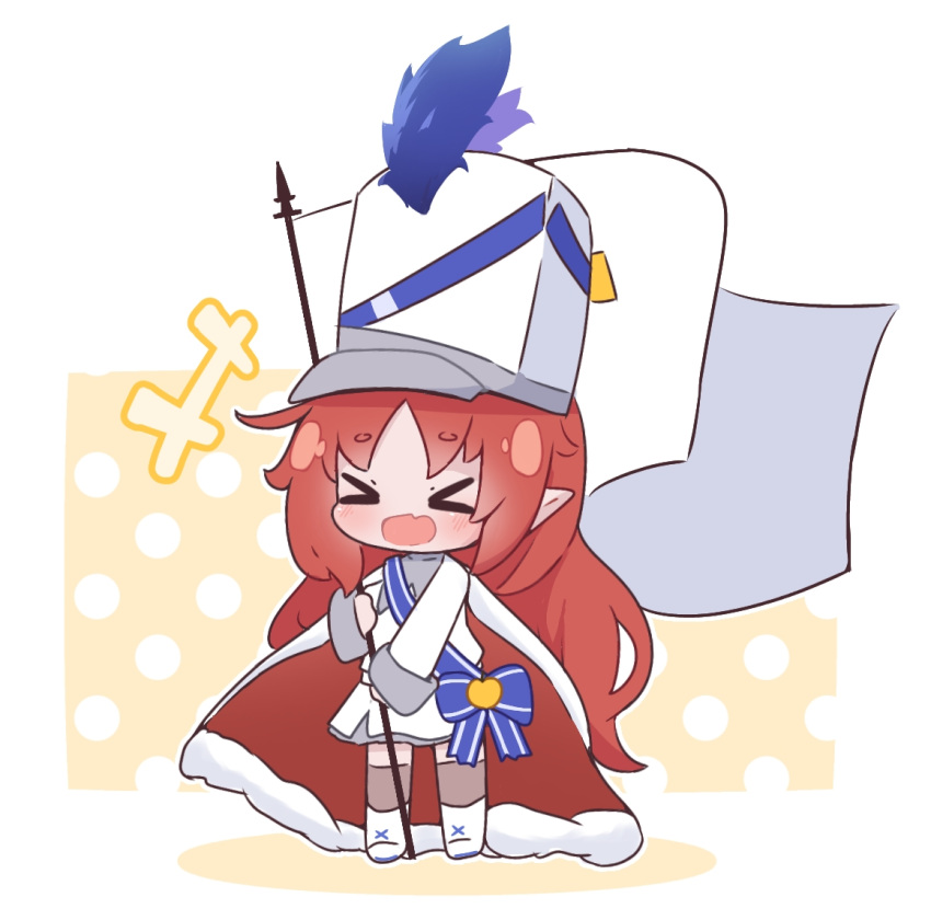 &gt;_&lt; +++ 1girl arknights cape chibi drum_major eyebrows_visible_through_hair flag full_body hat holding holding_flag kurotofu long_hair long_sleeves myrtle_(arknights) official_alternate_costume open_mouth pointy_ears redhead smile solo standing thigh-highs white_cape white_flag white_headwear