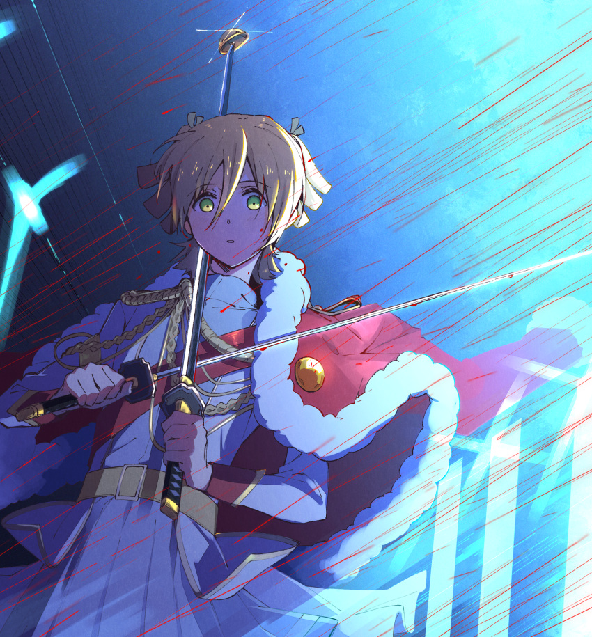 1girl bangs blonde_hair blood blood_on_face blood_on_weapon crazy_eyes daiba_nana eyebrows_visible_through_hair green_eyes hair_between_eyes hair_ribbon highres holding holding_sword holding_weapon jacket jacket_on_shoulders long_sleeves looking_at_viewer multiple_swords open_mouth pleated_skirt red_jacket ribbon sawara65 shirt short_hair short_twintails shoujo_kageki_revue_starlight skirt solo sword twintails weapon