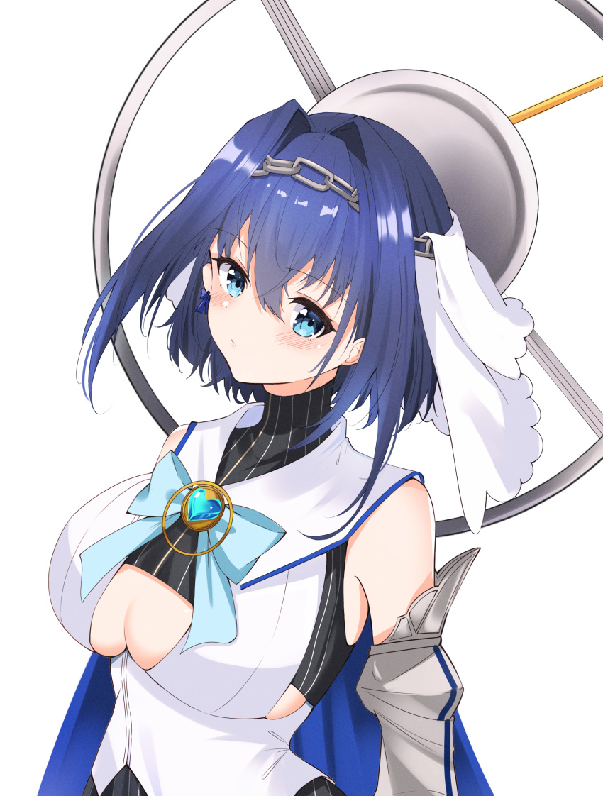 1girl absurdres bare_shoulders blue_bow blue_bowtie blue_hair blush bow bowtie breasts chain cleavage_cutout clothing_cutout cropped_shirt detached_sleeves dreamoon hair_intakes halo headband heart-shaped_gem highres hololive hololive_english jewelry juliet_sleeves large_breasts long_sleeves looking_at_viewer mechanical_halo ouro_kronii pinstripe_pattern pinstripe_shirt puffy_sleeves shirt short_hair sleeveless sleeveless_shirt solo striped turtleneck under_boob veil virtual_youtuber