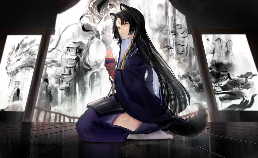 1girl absurdres animal_ears arknights beads black_hair black_kimono clothing_cutout dog_ears dog_girl dog_tail facial_mark forehead_mark hand_up highres japanese_clothes kimono long_hair long_sleeves nanaponi pants prayer_beads purple_pants saga_(arknights) seiza sitting socks solo tail thigh_cutout very_long_hair weapon wide_sleeves wooden_floor yellow_eyes