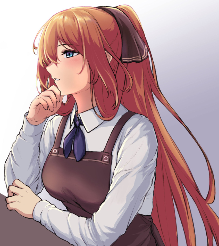 1girl 3_small_spiders apron blue_eyes blush brown_apron brown_ribbon eyebrows_visible_through_hair from_side girls_frontline hair_ribbon hand_on_own_face hand_on_table highres long_hair looking_away open_mouth orange_hair ponytail purple_neckwear ribbon shirt sidelocks simple_background solo springfield_(girls'_frontline) table upper_body white_shirt
