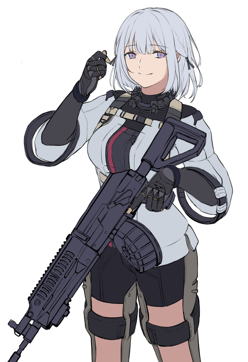 1girl 3_small_spiders absurdres black_bodysuit black_gloves black_shorts bodysuit breasts closed_mouth elbow_gloves eyebrows_visible_through_hair feet_out_of_frame girls_frontline gloves gun hair_ornament hairclip hand_up highres holding holding_gun holding_weapon looking_at_viewer medium_breasts medium_hair rpk-16 rpk-16_(girls'_frontline) shorts silver_hair smile solo standing tactical_clothes uniform violet_eyes weapon white_background