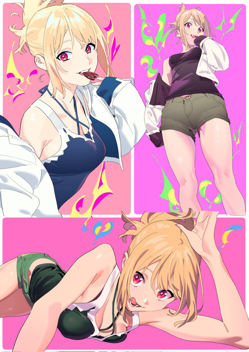 1girl blonde_hair breasts commentary cookie cropped_jacket food food_in_mouth henken highres jacket long_hair looking_at_viewer medium_breasts multiple_views open_clothes open_jacket open_mouth original ponytail red_eyes short_shorts shorts smile symbol-only_commentary tank_top tongue tongue_out white_jacket