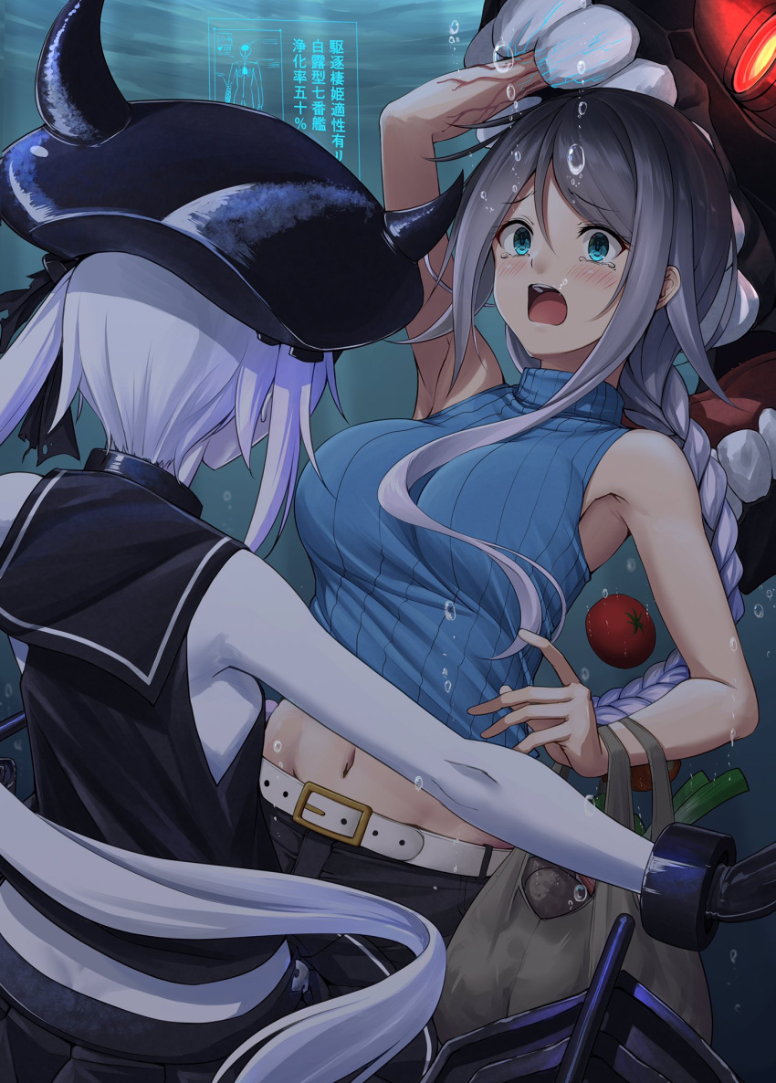 2girls abyssal_ship belt belt_buckle black_skirt blue_eyes blue_sweater blush braid breasts buckle destroyer_princess eyebrows_visible_through_hair food highres horns ichikawa_feesu kantai_collection large_breasts long_hair multiple_girls navel open_mouth pale_skin pleated_skirt ribbed_sweater side_ponytail silver_hair single_braid skirt sleeveless sleeveless_sweater spring_onion sweater tomato umikaze_(kancolle) vegetable very_long_hair white_belt white_hair